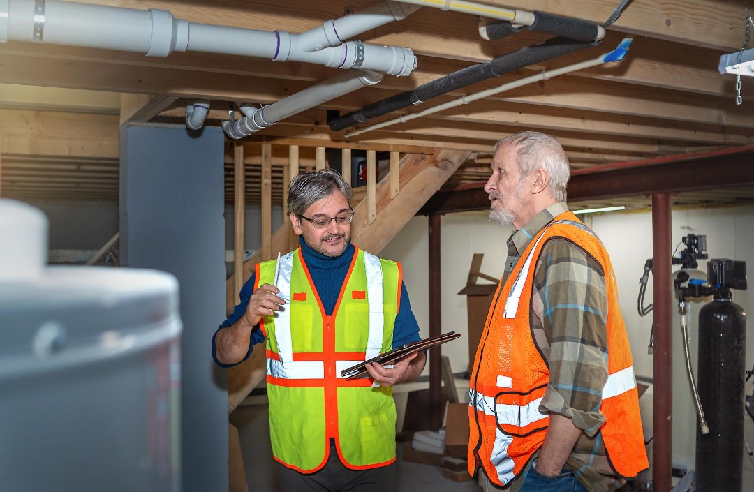 Licensed plumbing technician calmly discussing repair options with a homeowner